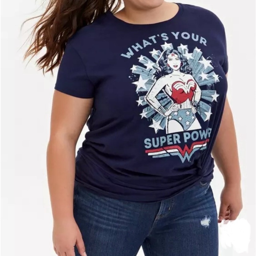 NWT torrid DC Comics Wonder Woman Super Power Navy Knot Front Top Graphic Tee